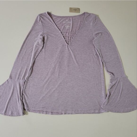 American Eagle Outfitters Soft & Sexy Long Bell Sleeve V-Neck Mini Stripe Top - Picture 3 of 11